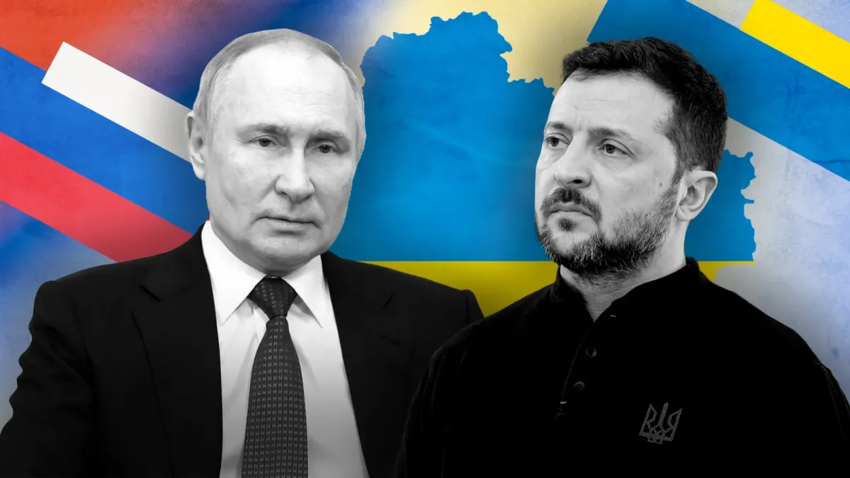 Vladimir Poutine, président de la Russie et le président ukrainien Volodymyr Zelensky.