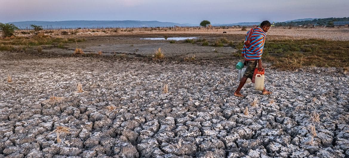Un homme traversant des terres agricoles desséchées dans la province du Nusa Tenggara oriental, en Indonésie.